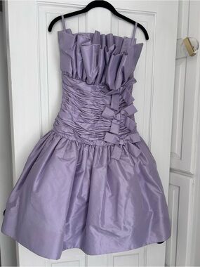 Vintage 80s henri bendel Lilac Ruffled Strapless Prom Dress with Side Bows